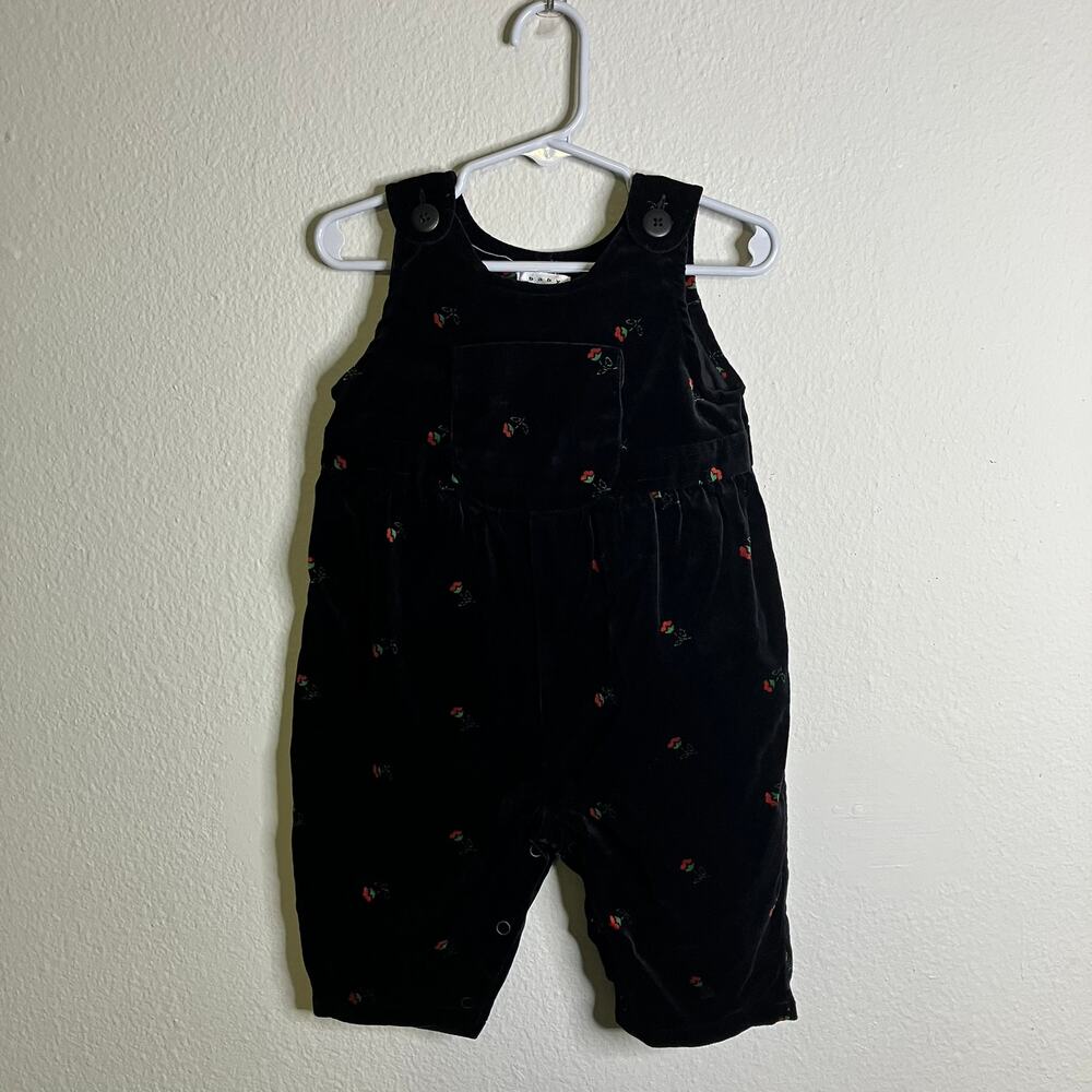 Vintage Baby Gap Size 6-12 Black Velvet Overalls Romper Floral